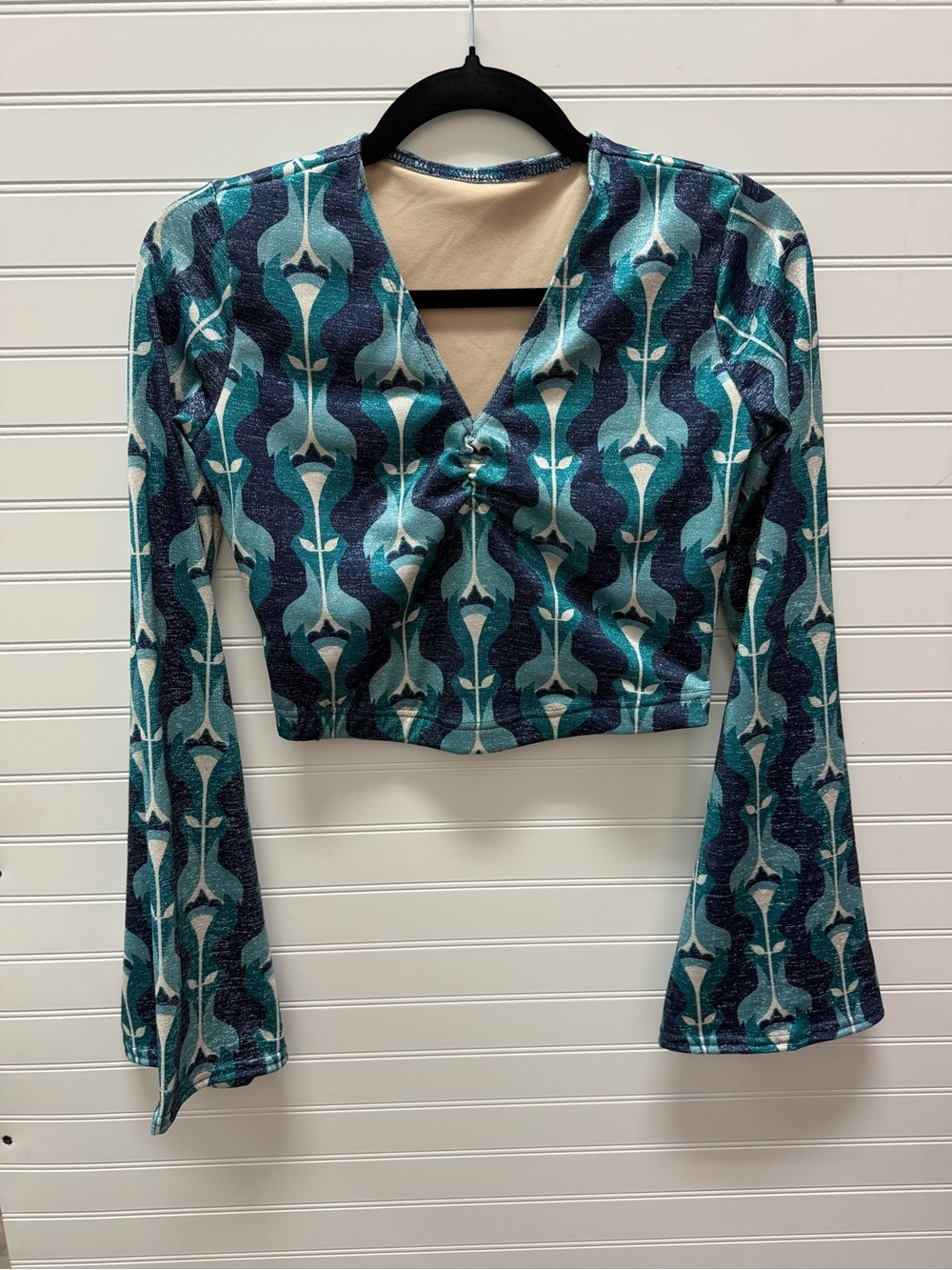 Weissman Teal and Navy Patterned Dance Crop Top